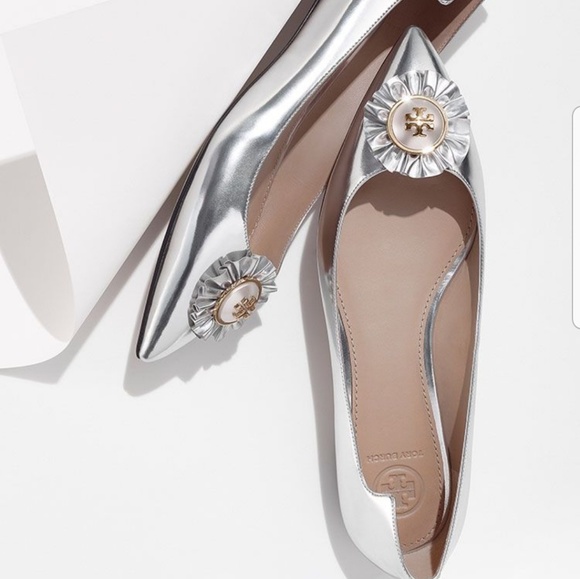 Tory Burch Melody Metallic Flats Pearl Logo - Picture 3 of 7